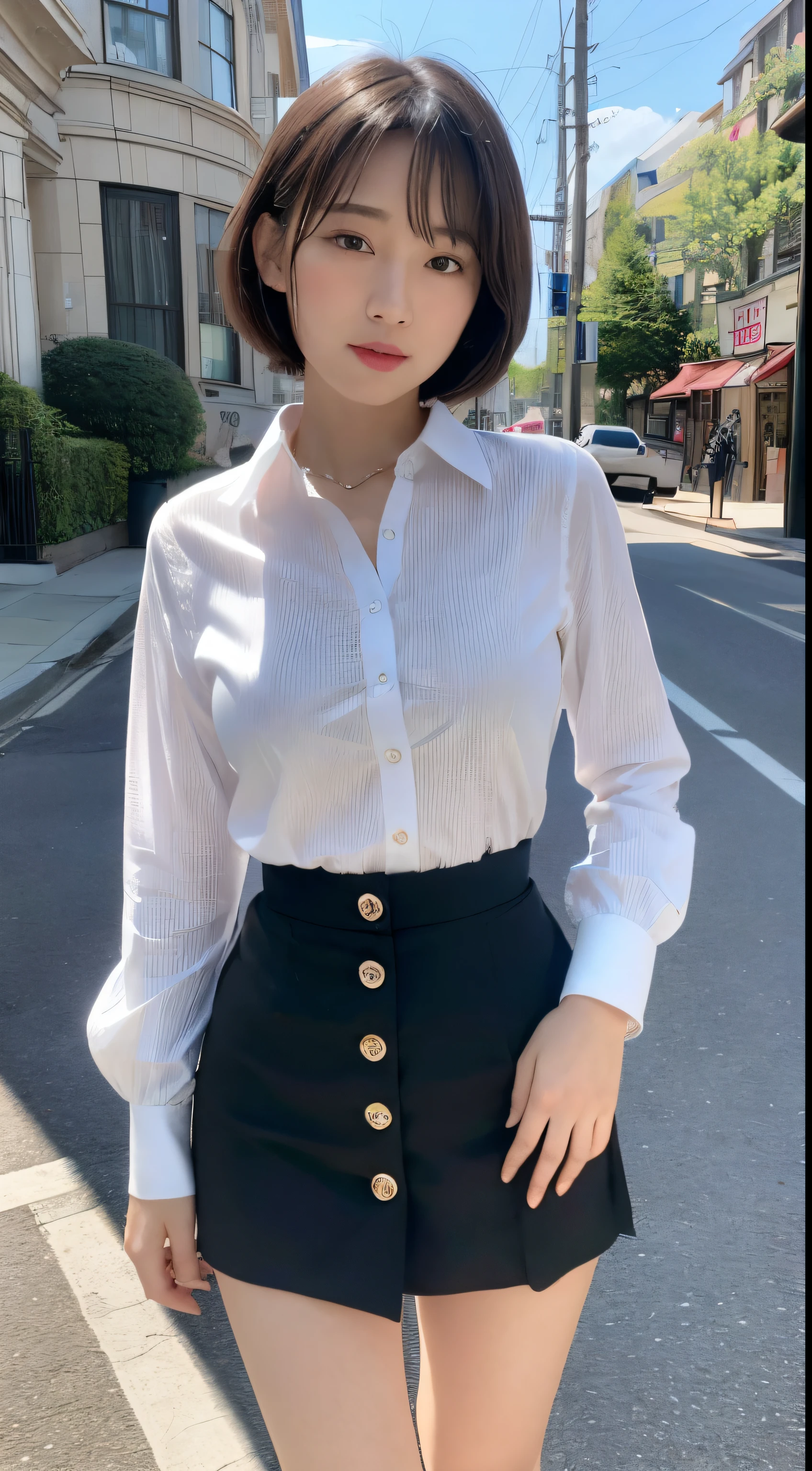 ((top-quality、8K、masterpiece:1.3))、Crisp focus:1.2、Beautiful Women in Perfect Style:1.4、Slender Abs:1.2、((Shorthair、Colossal tits:1.2))、(White button-up long shirt:1.1)、Street:1.2、Highly detailed facial and skin texture、A detailed eye、二重まぶた、a miniskirt、heel