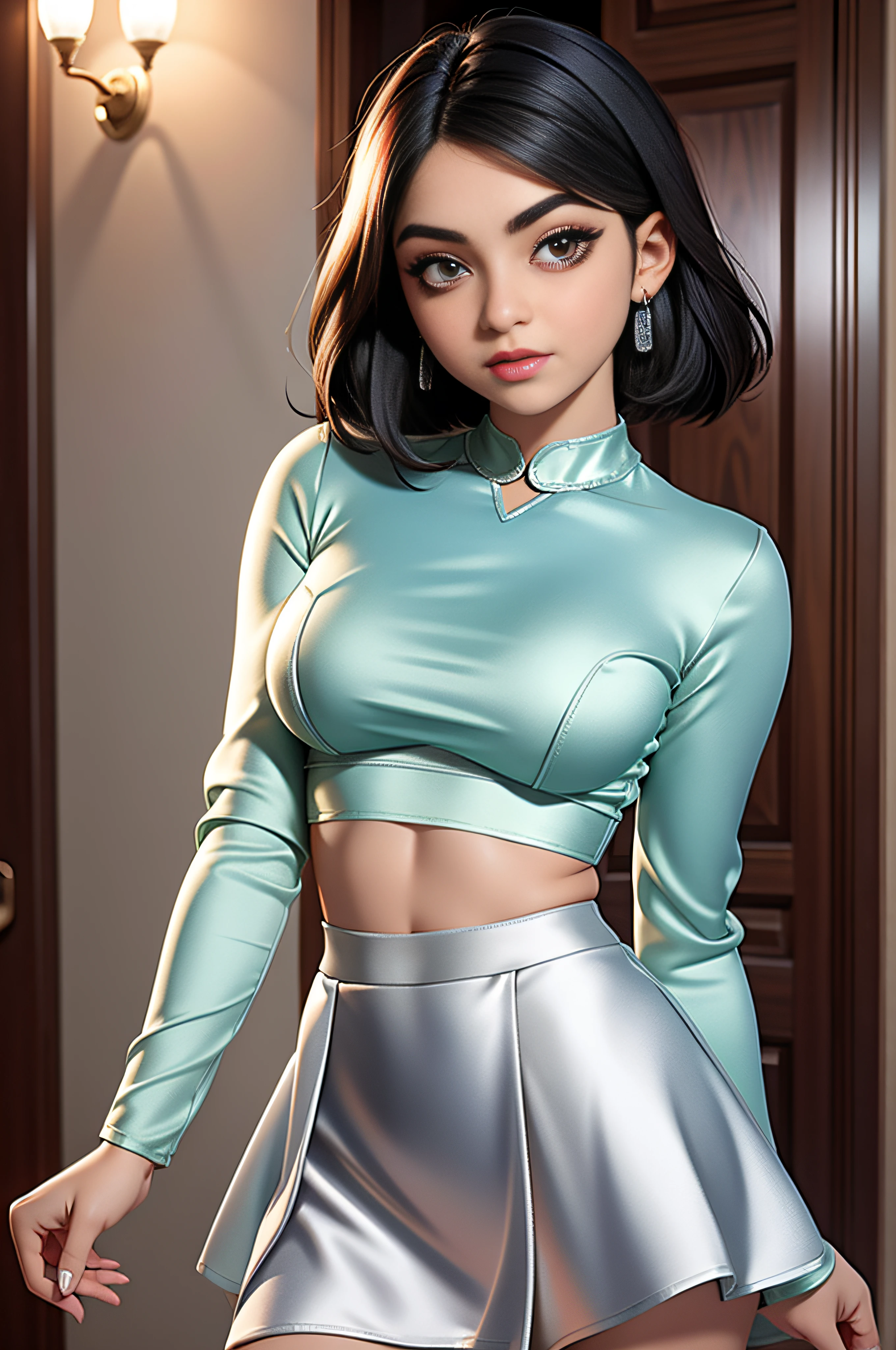 Beautiful Iranian teenager, tight silk long sleeve top, large breasts, bob hair with silver streaks,   short silk skater skirt,  masterpiece,