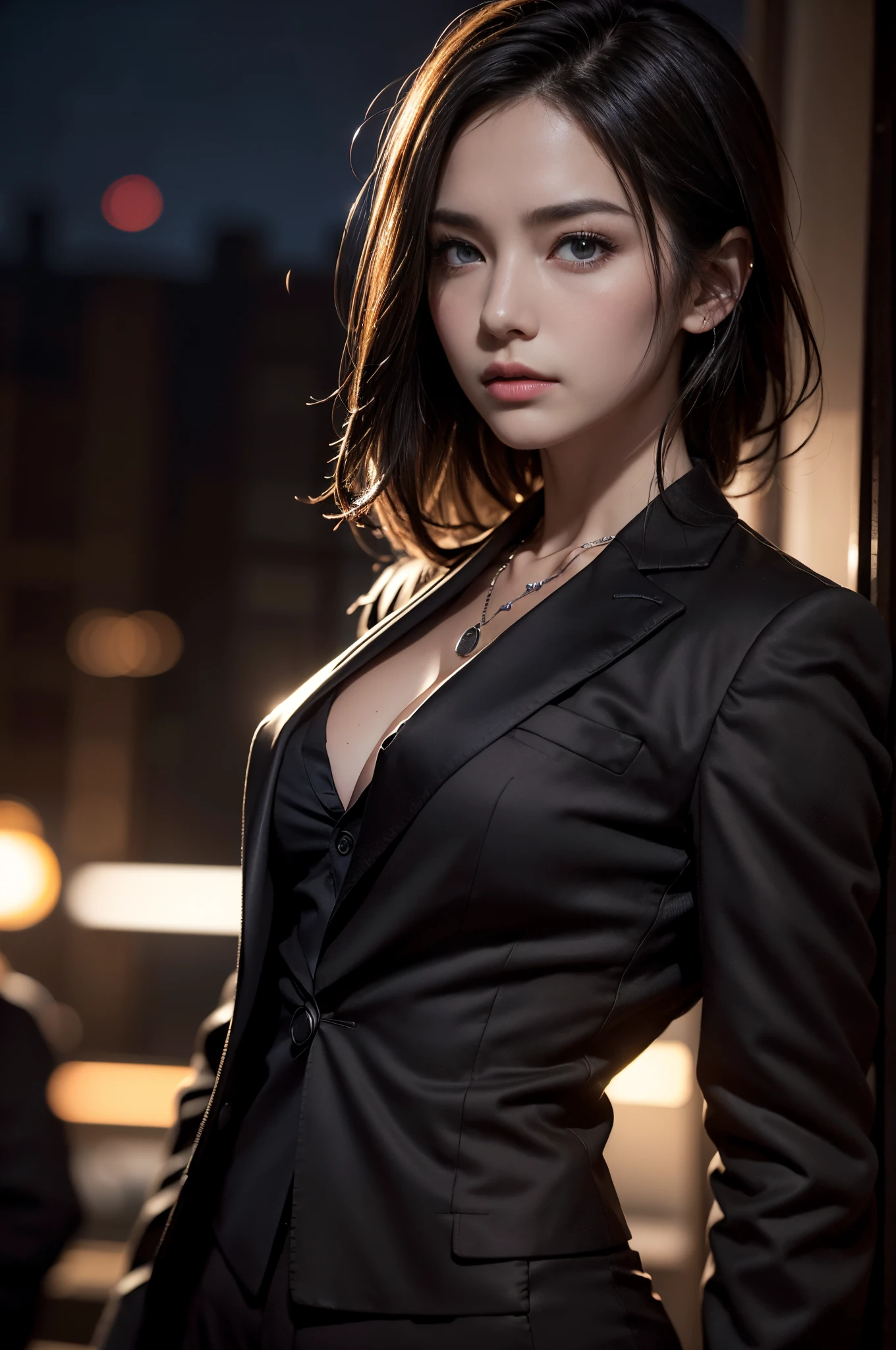 (Photoreal Stick:1.5, masutepiece:1.5, 8K), (top-quality, masterpiece, 超A high resolution), Professional camera work:1.4, Highly detailed skin and facial texture:1.3, Cinematic Light, Mystical portrait, Grow Light Effect, Perfect dynamic composition, The ultra-detailliert, dark ambiance, (V-neck shirt, Black Tailored Suit, Suit jacket), Model body type, Clear face, Detailed hand, Beautiful and detailed eyes, (i love you completely:0.7), A mouthfeel that feels beautiful eros, night view at night, Dark brown medium hair, Small breasts, a necklace, Close-up portrait