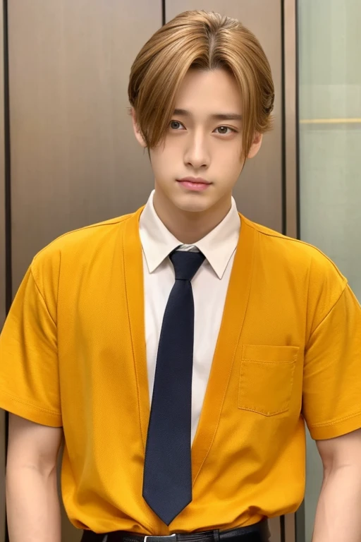 male,center parts,forehead,beautiful young man,japan america mix,teen age,like a girl,orange blond hair,light brown eyes,yellow shirts,white necktie,long shot,black pants,from front,full body,anguished