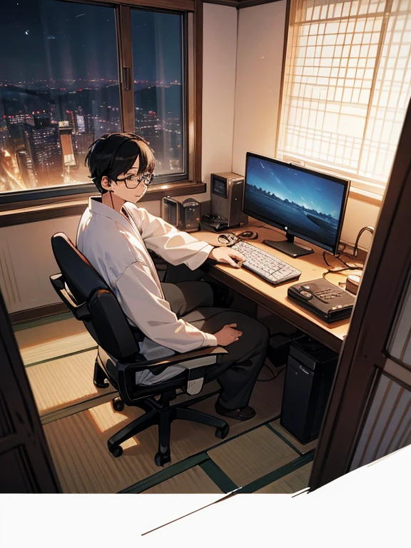 Fat men,Black-rimmed glasses,A dark-haired,japanes,Wearing a shirt,Use headphones,inside in room,natta,In front of a computer,pile of CDs,You can see the night view from the window,Coffee Cup,gaming console,countryside,A smile,sweep one's hair to the back