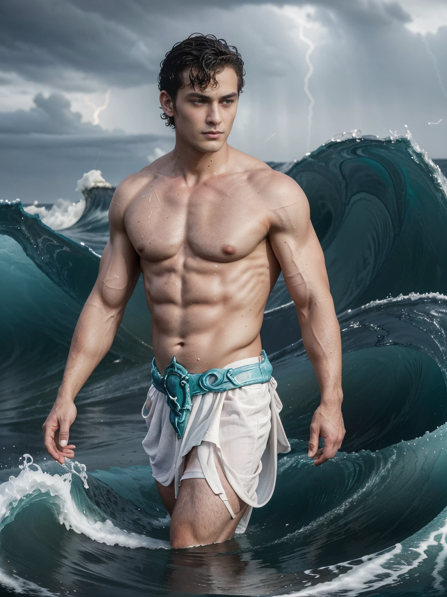 ((masterpiece)),((best quality)),8k, high detailed, ultra-detailed, Stylish Pose, real skin texture, dark cinematic lighting, 18-year-old male model, handsome, cute looking, divine look, powerful blue eyes, (Poseidon god:1.5), god of the seas, Neptune, godly, water separation, controlling the seas, white pale skin, intense blue eyes, short brown messy hair, strong jawline, masculine, muscular, defined fit body, hairless chest, shirtless, pantless, walking towards the camera, sinister aesthetic, black storm clouds, lightning clouds, (ocean waves:1.5), dark night, dark storm waves, (), barelegged, barefoot, (white roman loincloth:1.2), (white male skirt:1.1),,, dim light, (dark atmosphere:1.5), cinematic lighting, Depth of field, award-winning photography, elegant, hyperrealistic, octane render, unreal, high definition, 8k resolution, highly detailed, 8k uhd, professional lighting, photon mapping, radiosity, physically-based rendering