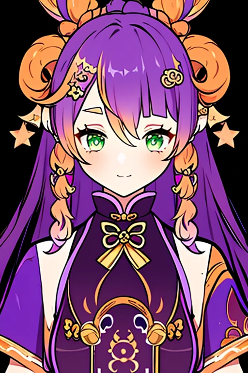 Young woman, blonde hair, ancient Chinese hairstyle, purple and orange and white and golden ancient Chinese dress, amber eyes with stars, purple and orange tail with a star on the tip, purple horns with star charms, soft smile, wedding ring, stars