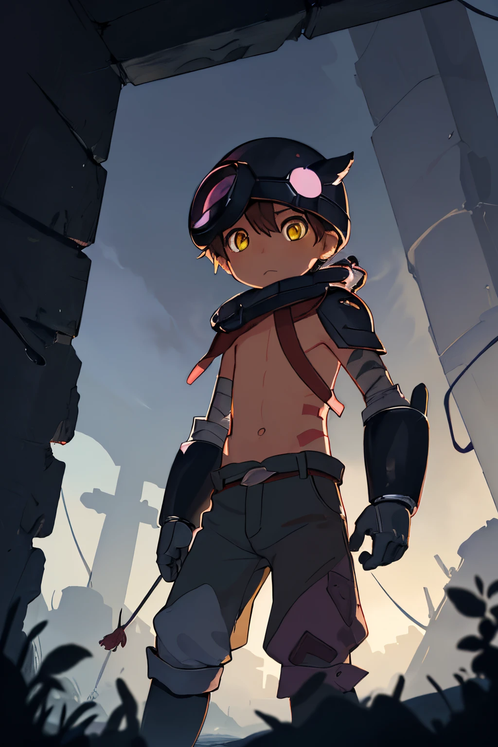 masterpiece, best quality, ultra-detailed, illustration, cinematic composition, 
abyss style, underground city, ruins, dark, steam, fog, 1boy, solo, cowboy shot, regu \(made in abyss\), yellow eyes, helmet, pants,