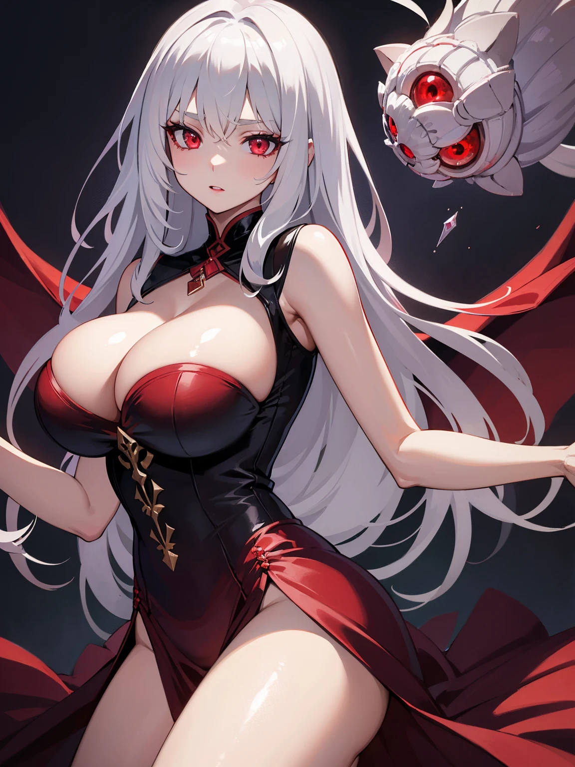1 girl, Goddes Of Vampire, silver hair, red eyes, flushed face, large breasts, looking at viewer, Dressed and closed clothes,in use magic blood, 8k