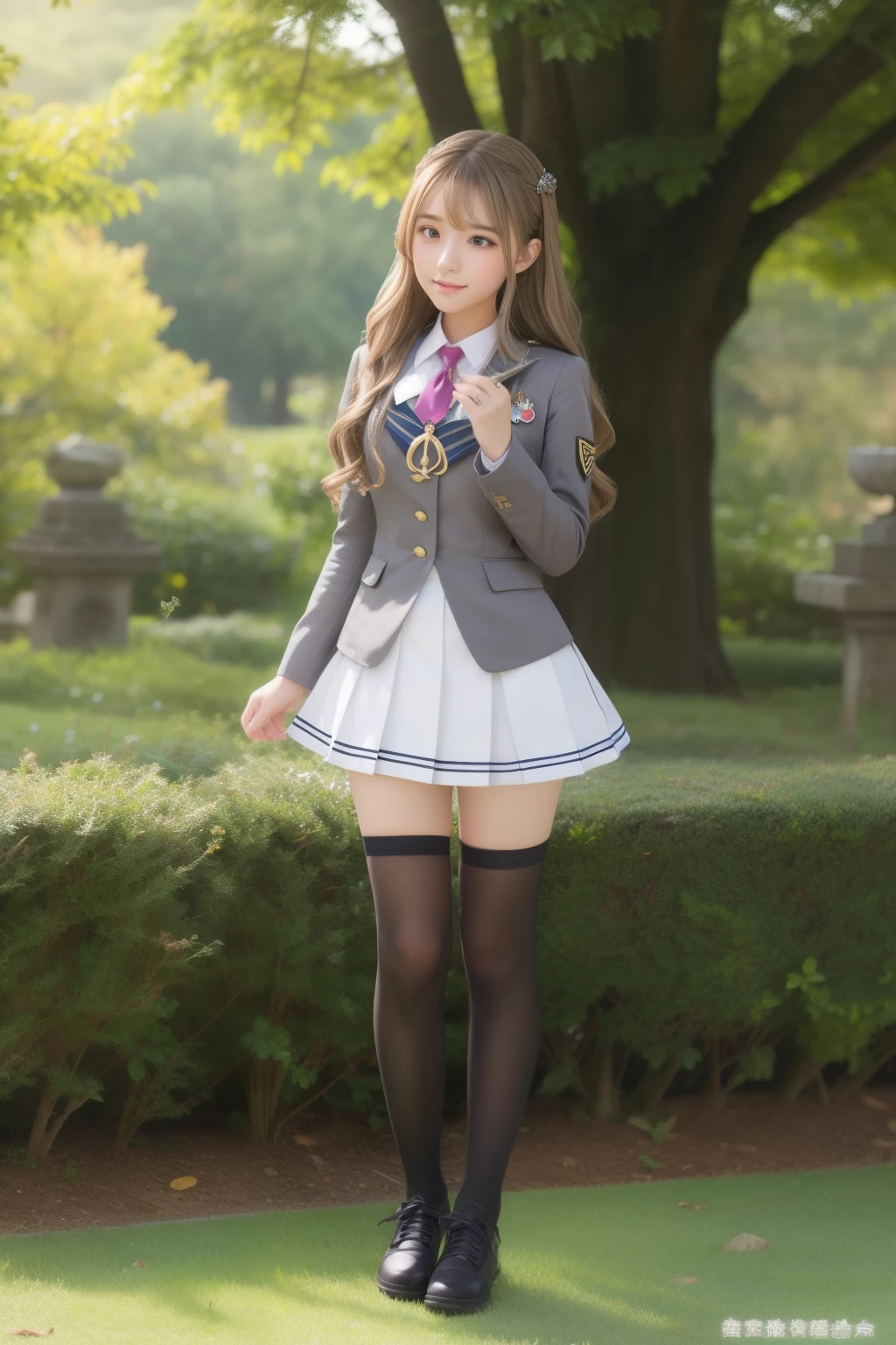 Fantasy stone user high school girl、full body Esbian、、Gray uniform、、、、Idol face、make a stone ball with magic、Light brown wavy hair、