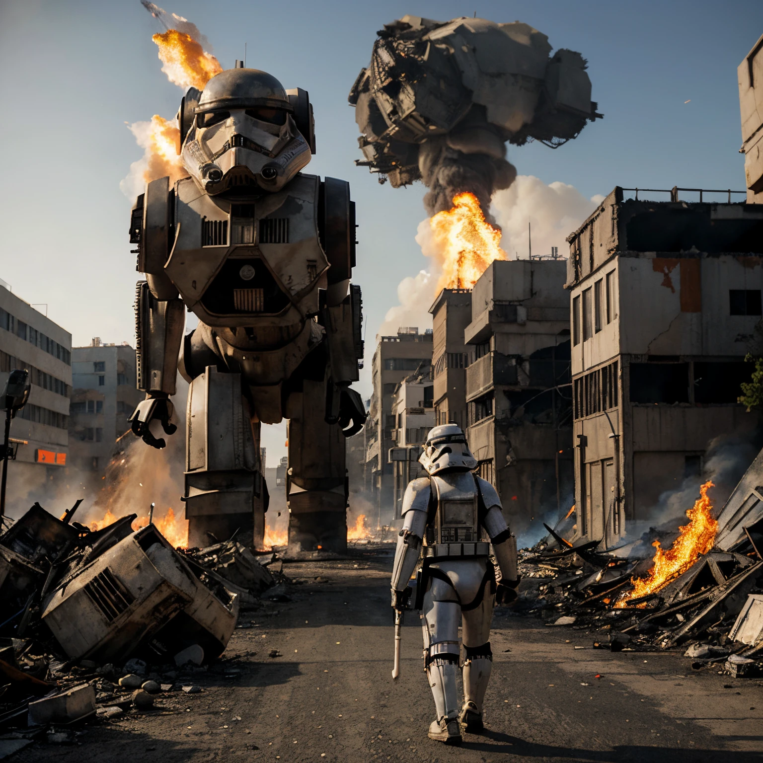 Scary stormtrooper walking out of burning city in the background with an AT-AT destroyed in the background with fire and debris everywhere and dead robots and robot parts