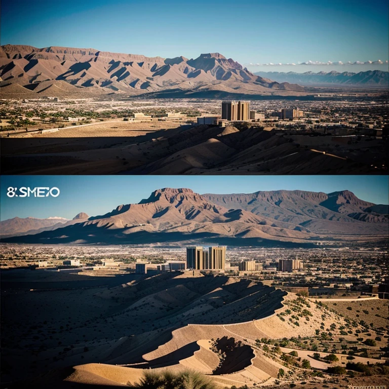Make me an 8-bit photo of the city El Paso in Texas, and include the name of the city and the landscape surrounding it (the desert and mountains).