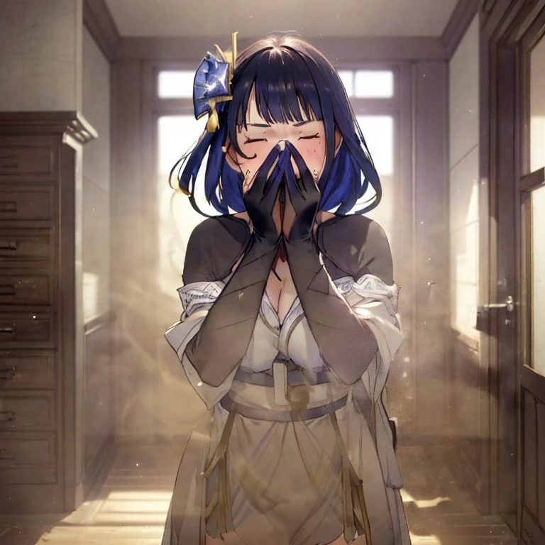 (masterpiece:1.2、top-quality)、(the Extremely Detailed CG Unity 8K Wallpapers、ultra-detailliert、Best Shadows)、(细致背景)、(The best lighting、extremely delicate and beautiful)、depth of fields, yellow smoke covering her face, covering nose using bare hand, upward looking gaze、closed her eyes,(((syncope))),((shed tears)),((((Girl is surprised when she smells the bad smell of farts)))),((((please cover your face with your hands。'There'no smell)))