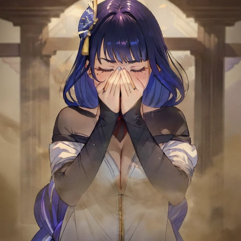 (masterpiece:1.2、top-quality)、(the Extremely Detailed CG Unity 8K Wallpapers、ultra-detailliert、Best Shadows)、(细致背景)、(The best lighting、extremely delicate and beautiful)、depth of fields, yellow smoke covering her face, covering nose using bare hand, upward looking gaze、closed her eyes,(((syncope))),((shed tears)),((((Girl is surprised when she smells the bad smell of farts)))),((((please cover your face with your hands。'There'no smell)))