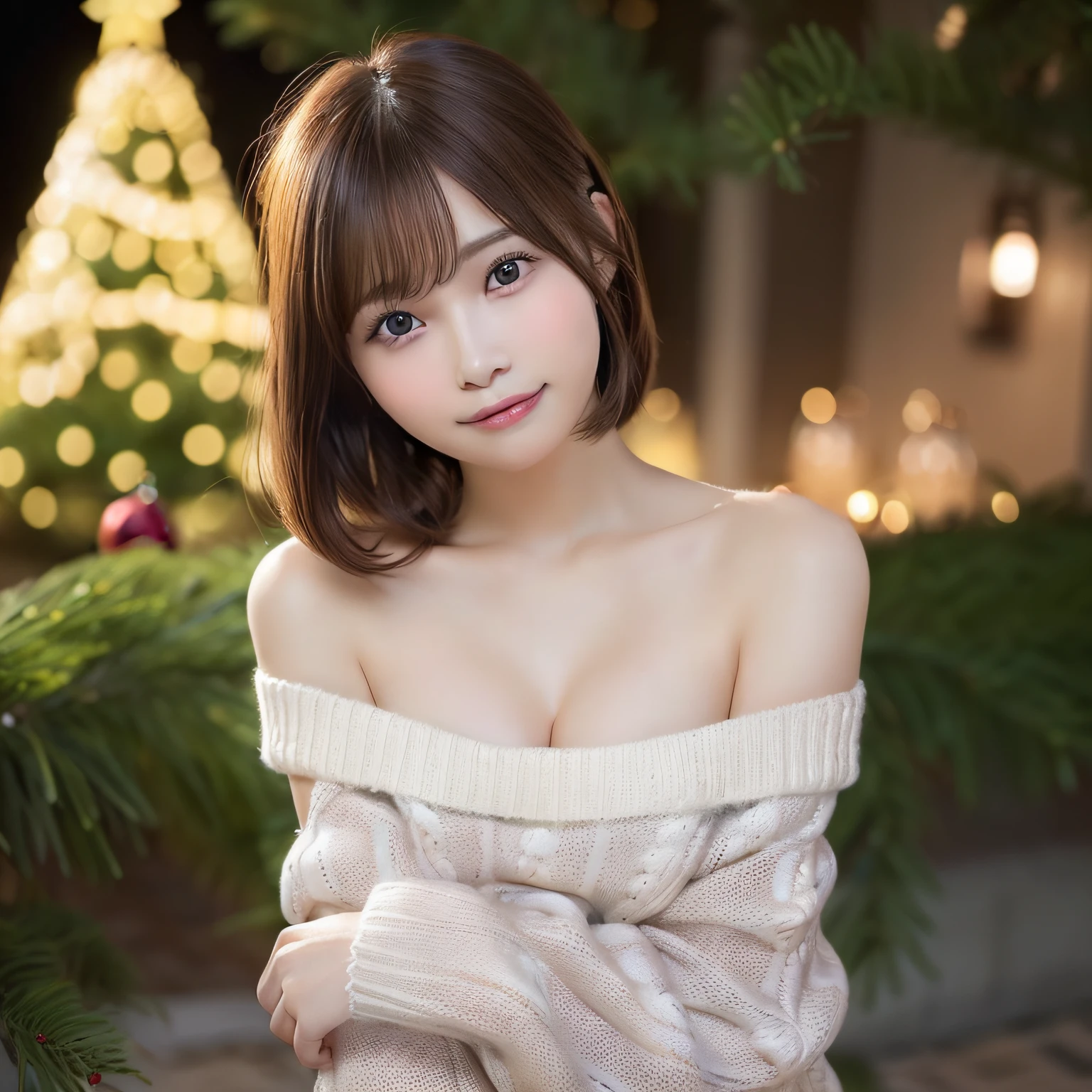 8K,Best Quality, 超A high resolution, (Photorealistic:1.4),​masterpiece:1.3, Raw photo, solo gravure idol, Cute,natural skin textures:1.1, realistic eyes and face details:1.2, (Solo:1.6), (Shy smile), , (Brown Shorthair), (touch hair:1.4)、nogizaka、Beautiful dark eyes:1.３、Woman posing, Beautuful Women、 (the background is blurred:1.4)、ample breasts、View from below:1.2、(Christmas, Christmas Ornaments, Christmas tree)、(off-the-shoulder sweater:1.5),Red Sweater、White panty、Underwear is visible