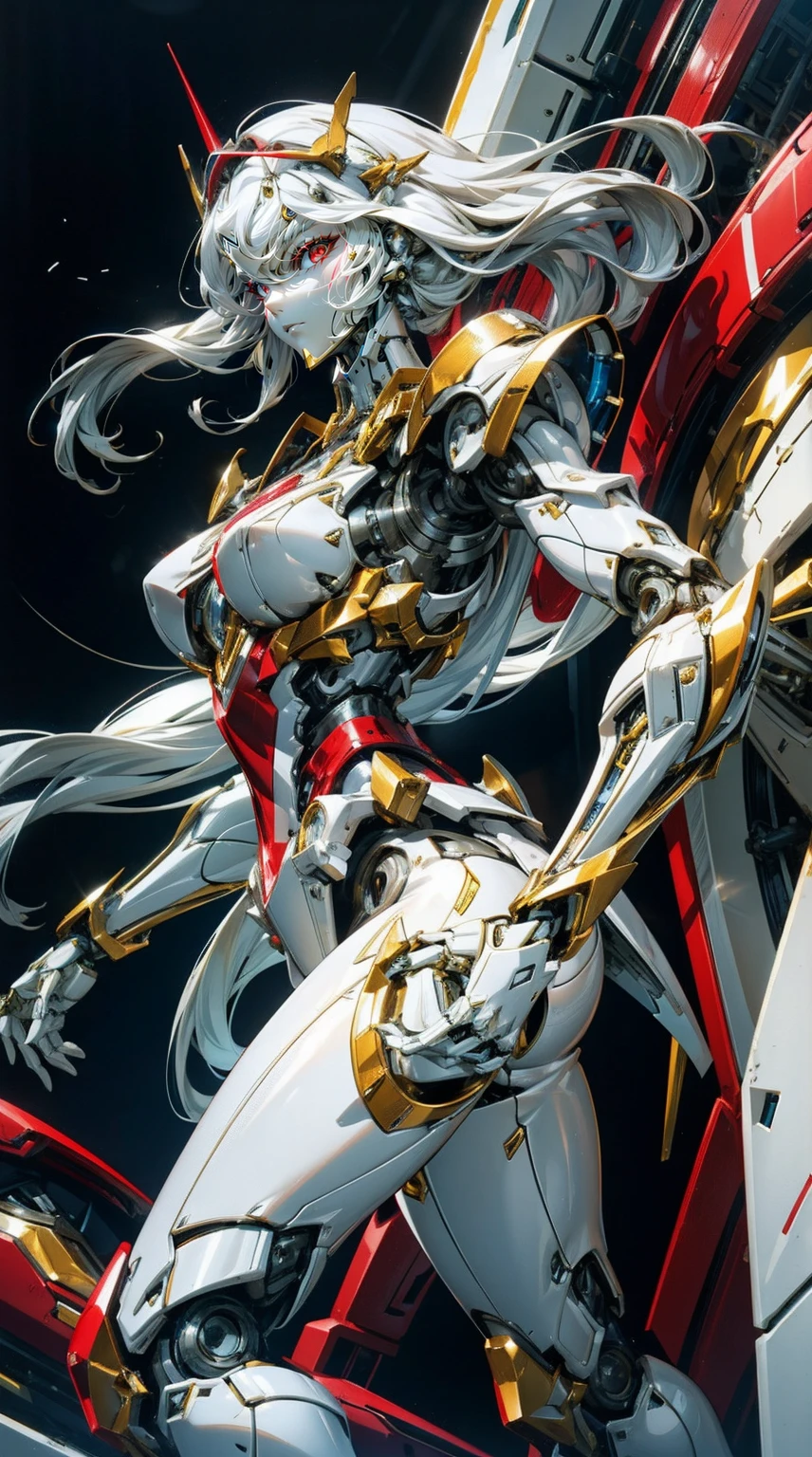 Robot woman，Mechanic body，A queen，Tall guy，mature，The beautiful，Perfect white mechanical armor，Beautiful mechanical body，Slender robotic legs，Long white hair，delicated face，beauitful face，（（（gentle expressions））），red eyes，High heeled beauty，Paintings with characters as the main subject，Just the right lighting，Perfect mechanical structure，Perfect mechanical details，Close-up of people，Best quality，Best quality at best，The most perfect details