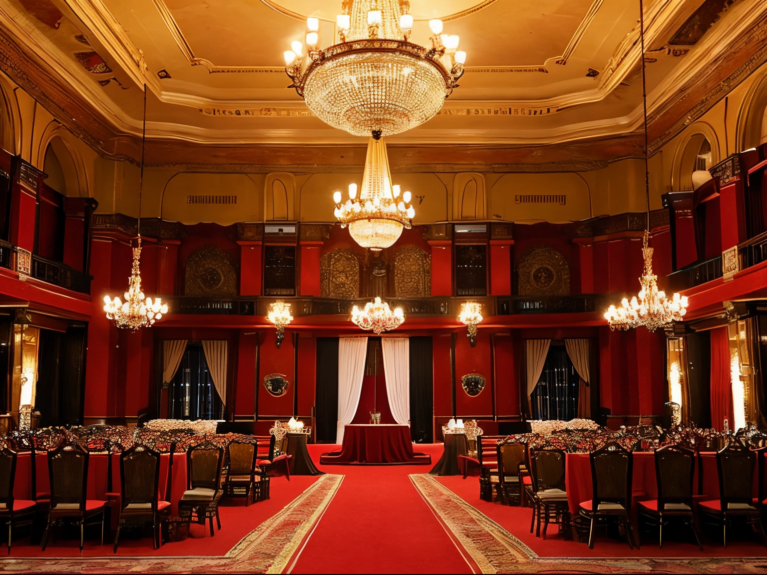 Overall view of the large, circular, ornate hall, antique style, red walls, red carpet, large chandeliers, lots of tables and chairs for seating