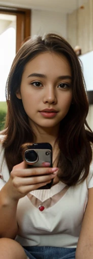 there is a woman that is sitting down with a cell phone, with accurate face, without makeup, beuatiful face, face picture, normal face, south east asian with round face, 2 7 years old, wide forehead, neutral face, small heart - shaped face, with kind face, selfie of a young woman, selfie photo, 2 8 years old, potrait