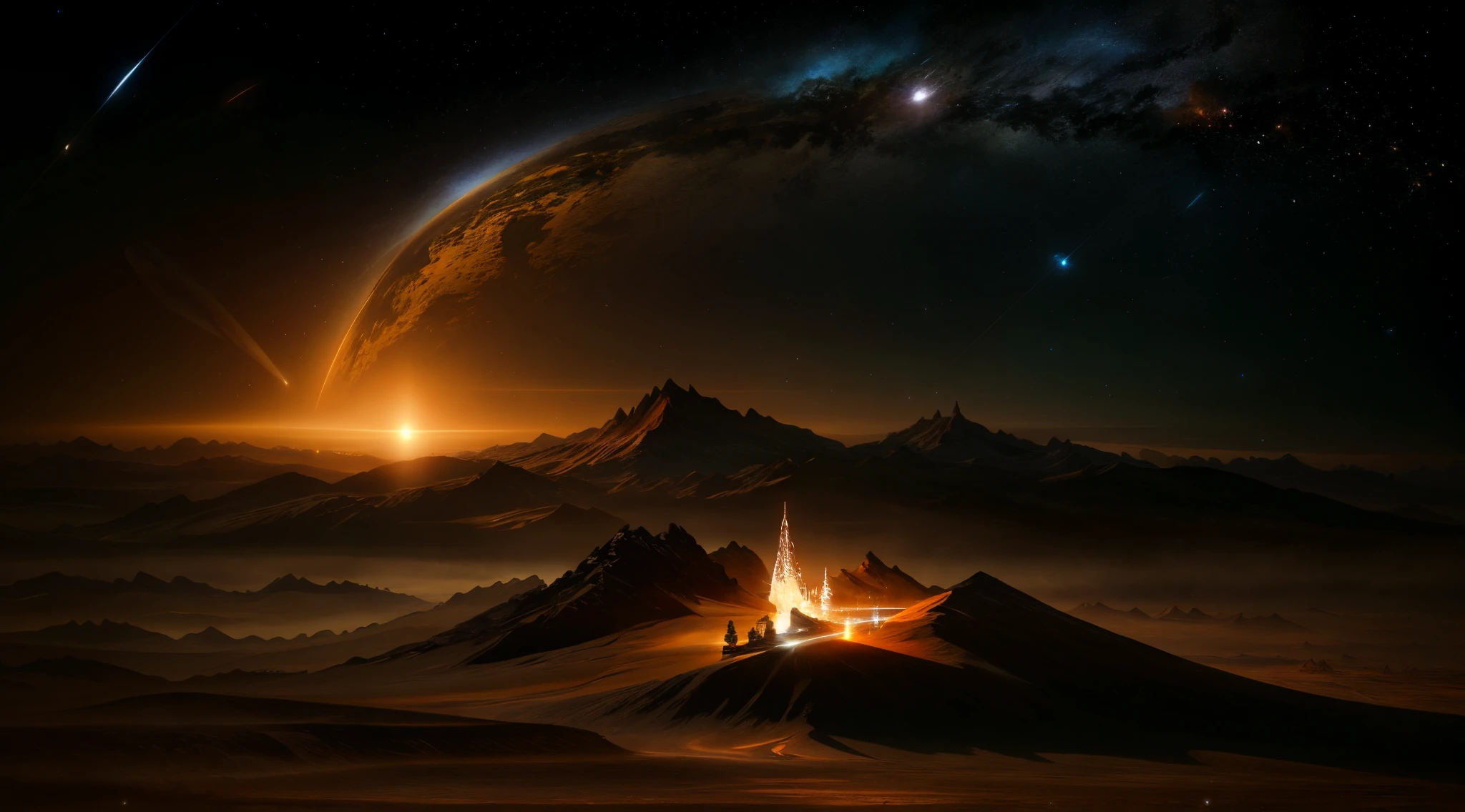 montanhas com um brilho laranja brilhante e uma estrela brilhante ao fundo, sci-fi fantasy wallpaper, epic fantasy sci fi illustration, sci fi epic digital art, Sci-Fi Fantasia Desktop Wallpaper, Arte digital altamente detalhada em 4k, epic scifi fantasy art, epic beautiful space scifi, bela arte sci fi, Space landscape, Jessica Rossier Arte de fantasia
