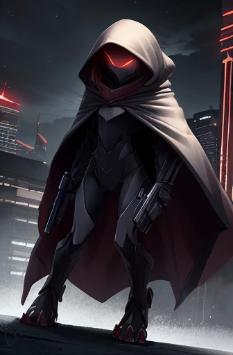 girl, night, snowy city, slender, red hair, special forces, stealth body suit, red highlights, poncho, handgun, hood, digitigrade legs, serious expression, red glowing eyes