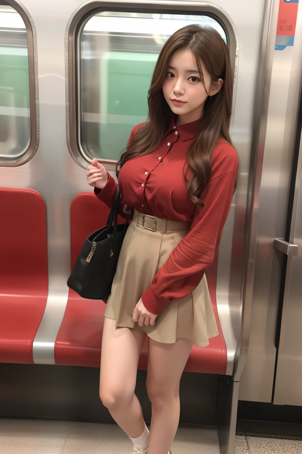 young woman on the train、full body Esbian、、、、Disgusting look、Red-brown clothes、Cool idol face、micromini skirt、、large full breasts、Good Style、Brown wavy hair