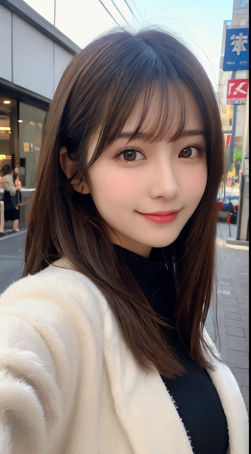 masutepiece, Best Quality, Illustration, Ultra-detailed, finely detail, hight resolution, 8K Wallpaper, Perfect dynamic composition, Beautiful detailed eyes, Black fluffy Tokyo winter clothes,Medium Hair,small tits,Natural Color Lip, Bold sexy poses,Smile,cafes、20 years girl、Cute、Sexy shot looking at camera,Always blur the background,Perfect and beautiful face,Take only the face,beautiful and detailed face、slim face and style,super cute face