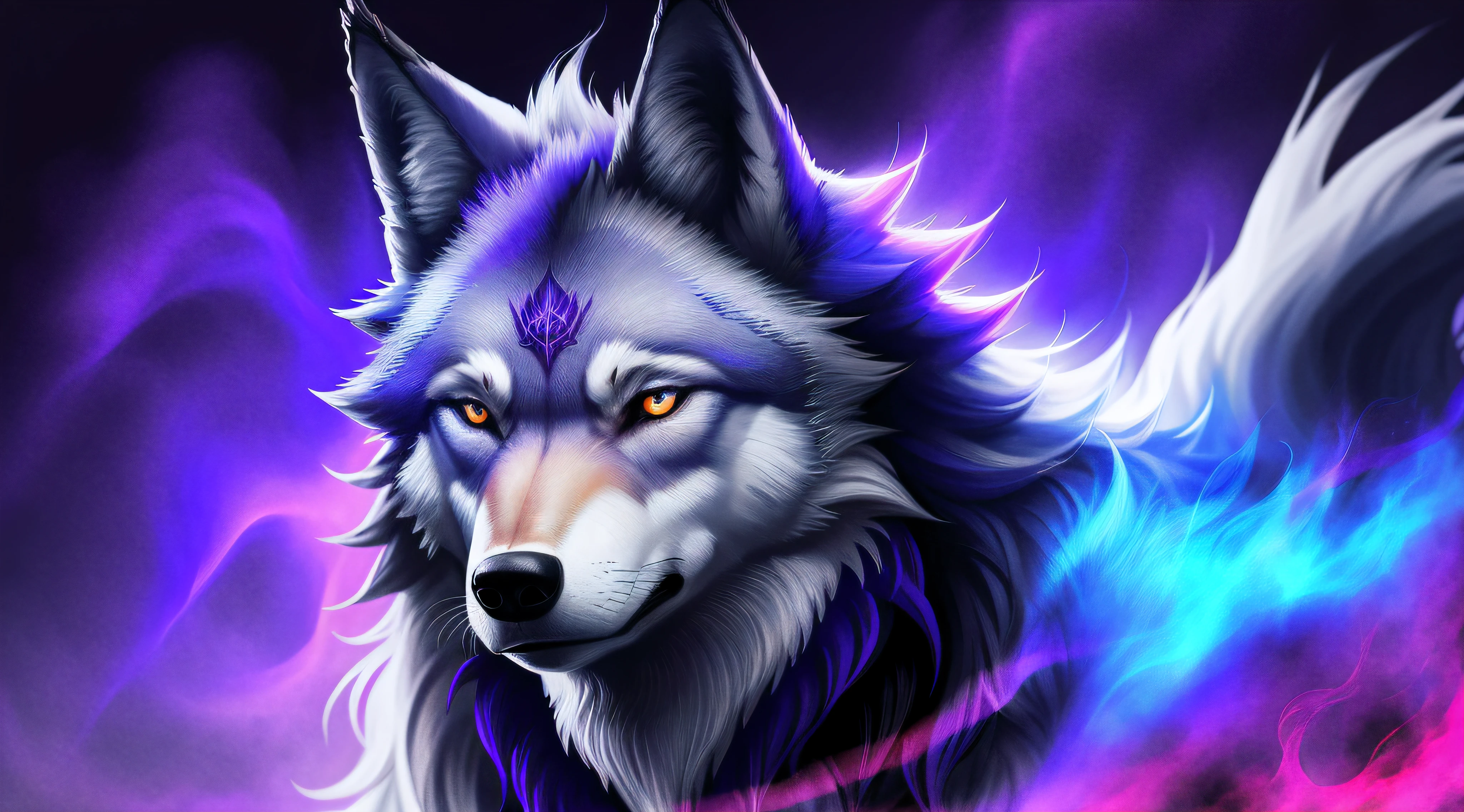 wolf from crimson smoke  blue|purple background