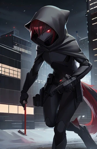 girl, night, snowy city, slender, red hair, special forces, stealth body suit, red highlights, poncho, handgun, hood, digitigrade legs, serious expression, red glowing eyes, furry tail,