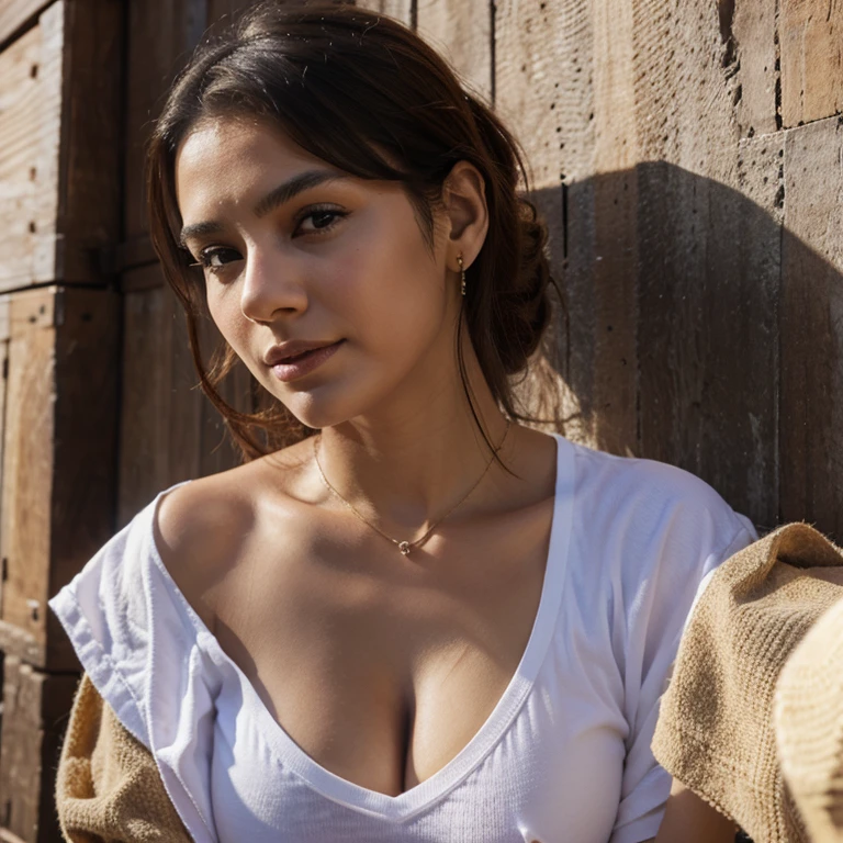 Make me a picture of a beautiful young latina woman showing off her turkey neck up close.