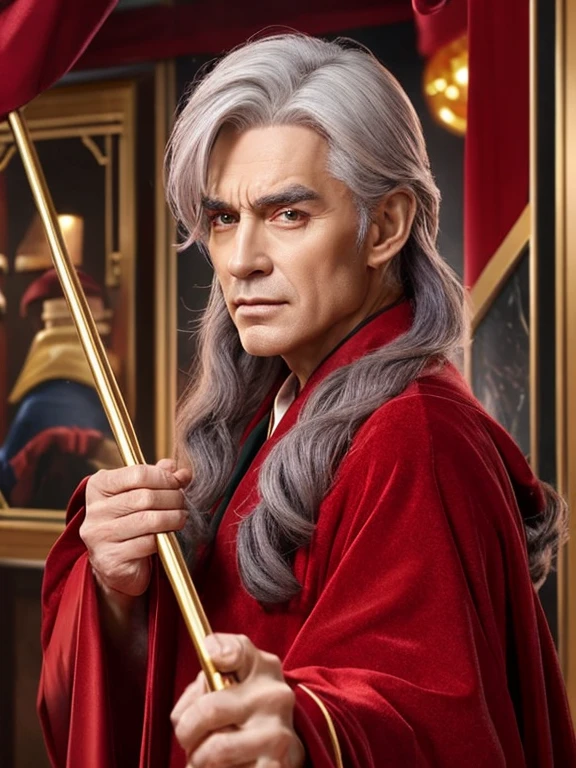 sorcerer、red robes、Thin man、Gray hair mixed、holding an cane、eyes are golden、