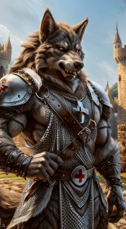 a werewolf wearing chainmail and a tabard with the red cross symbol of the knights templar, 8k, super detail, best quality, anatomically correct, textured fur, solo, male, anthro, castle background, stoic expression