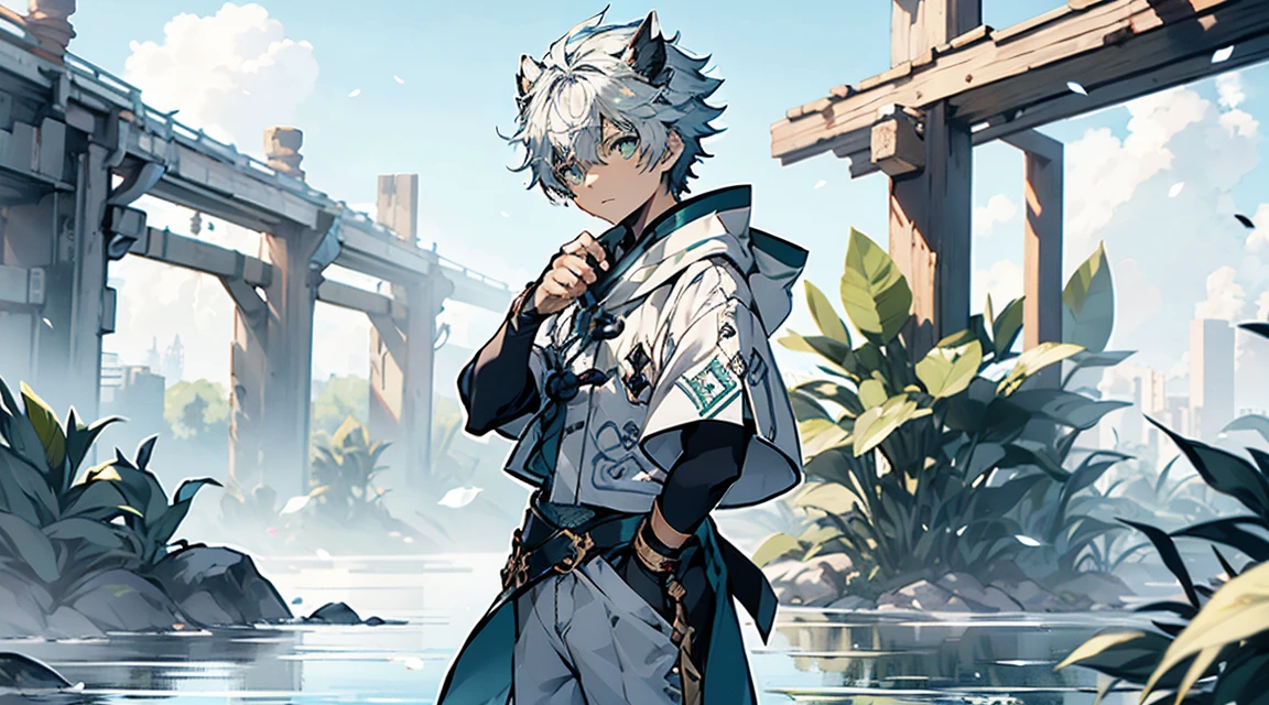 tmasterpiece, Best quality, The content is very detailed,Samoyed, human character, shaggy,Dogri),(clear green eyes), White ears,White hair,Caudas Brancalack sleeve))), white short sleeve,There are pockets,White cropped pants,Rotated,hold it in hand,Control water volume,luring,(((Eau))),Particles float,Ethereal power,Tornado video game Genshin Impact, genshin impact style,