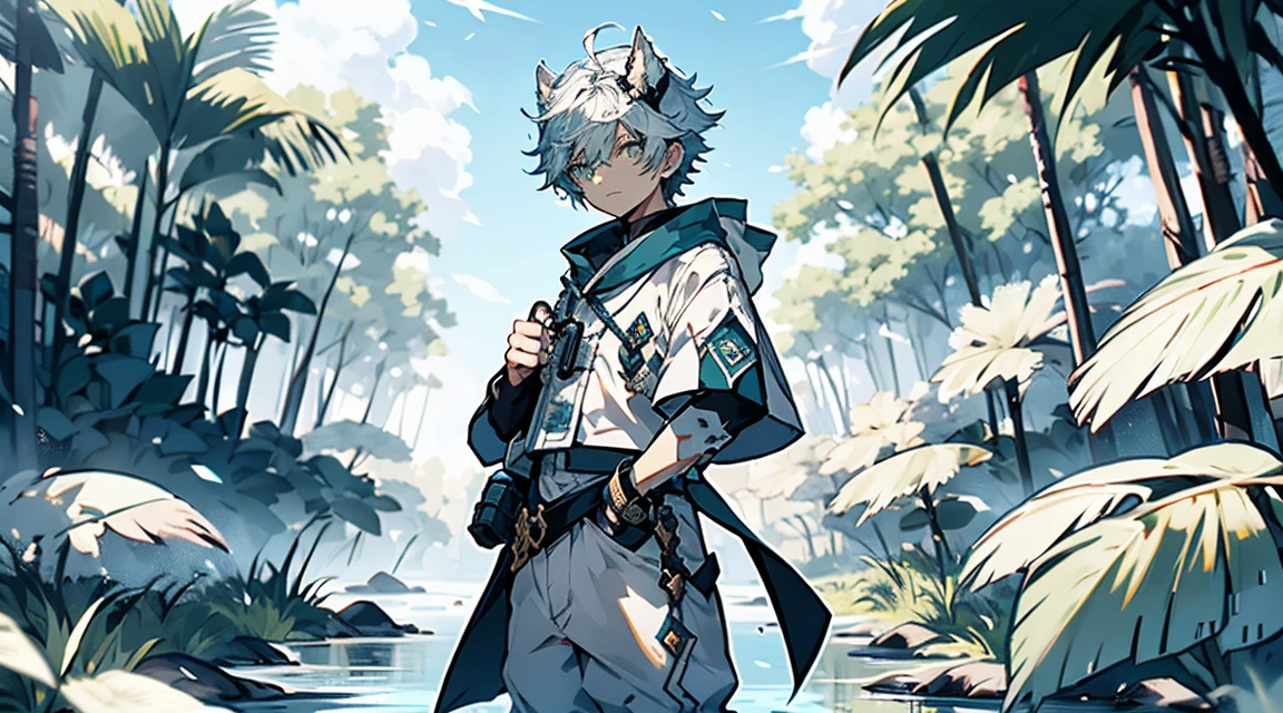 tmasterpiece, Best quality, The content is very detailed,Samoyed, human character, shaggy,Dogri),(clear green eyes), White ears,White hair,Caudas Brancalack sleeve))), white short sleeve,There are pockets,White cropped pants,Rotated,hold it in hand,Control water volume,luring,(((Eau))),Particles float,Ethereal power,Tornado video game Genshin Impact, genshin impact style,