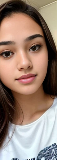 A teenager, taking selfies, with accurate face, without makeup, beautiful face, face picture, normal face, south east asian with round face, , wide forehead, neutral face, small heart - shaped face, with kind face, selfie of a young woman, selfie photo, 15 years oldhite shirt, full body,