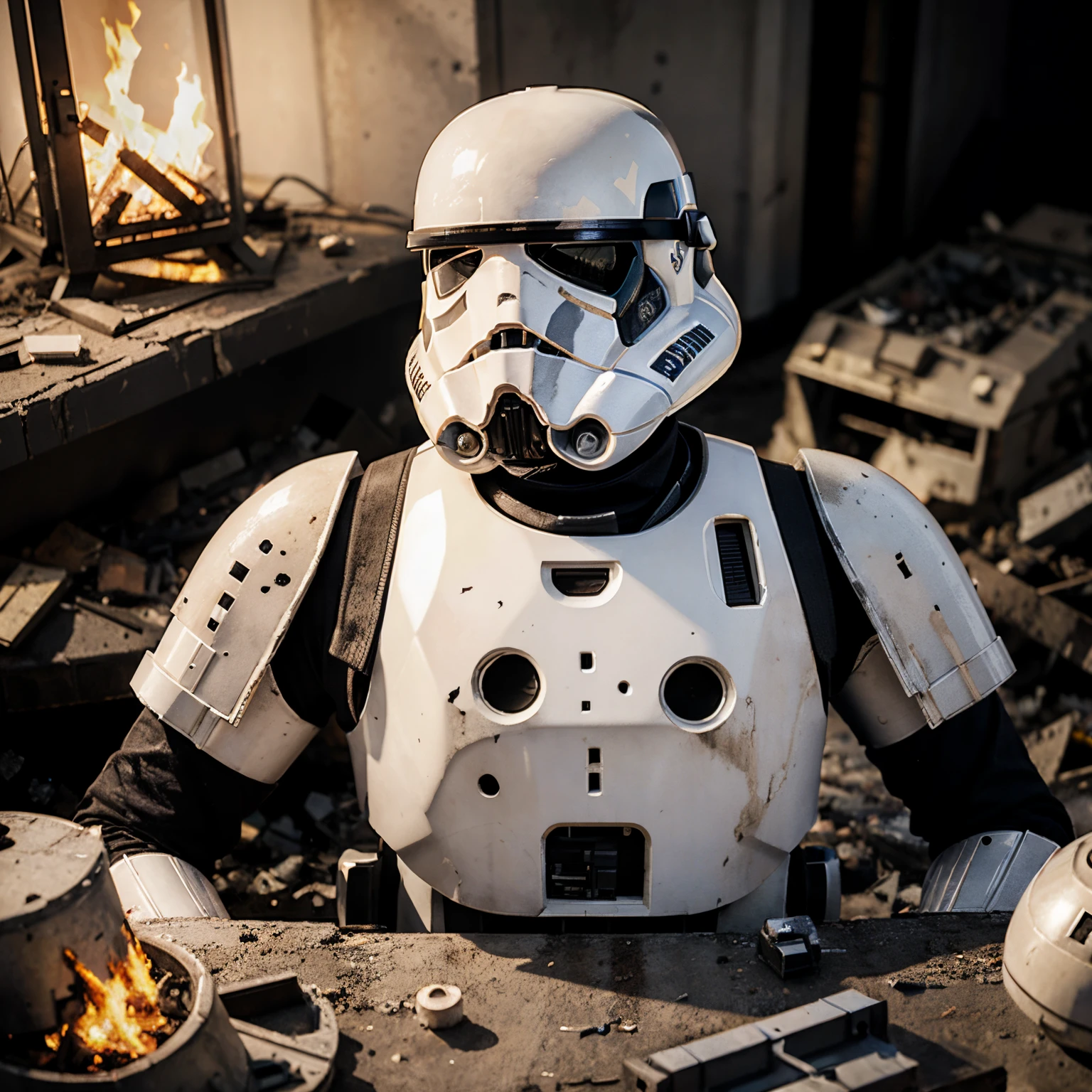 Dead stormtrooper with bullet holes through the chest plate in the fire and debris surrounded by dead robits