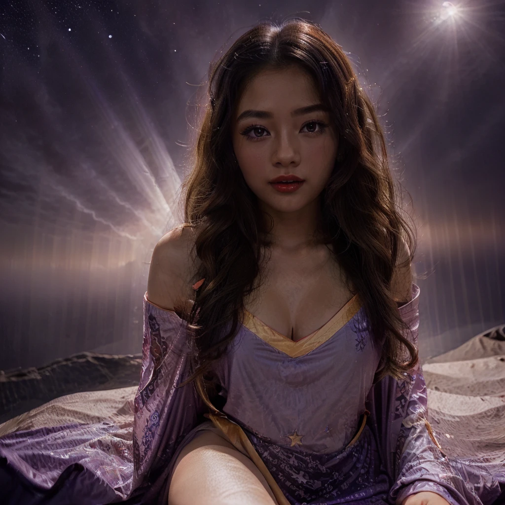 A very dreamy, beautiful, nude, gorgeous, seductive eyes, red lips, long eye lashes, dancing in the party, angelic light shining through the clouds, Asian girl with long curly hair, fingering , under the moonlight, violet sky with shining beautiful stars, dreamy clouds, spiritual, witchy, seductive