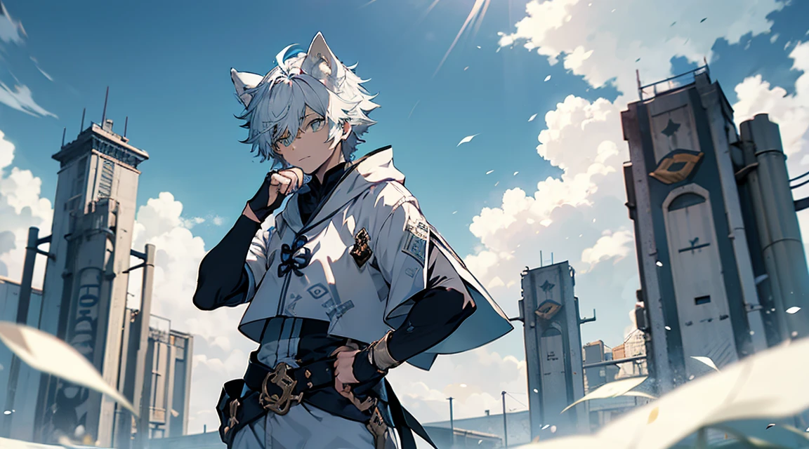tmasterpiece, Best quality at best, The content is very detailed,Samoyed, human character, shaggy,Dogri),(clear green eyes), White ears,White hair, White Wolf Tail,(((black sleeve))), white short sleeve,There are pockets,White cropped pants,Rotated,Holding an iron sword,Control water volume,luring,(((Eau))),Particles float,Ethereal power,Tornado video game Genshin Impact, genshin impact style,