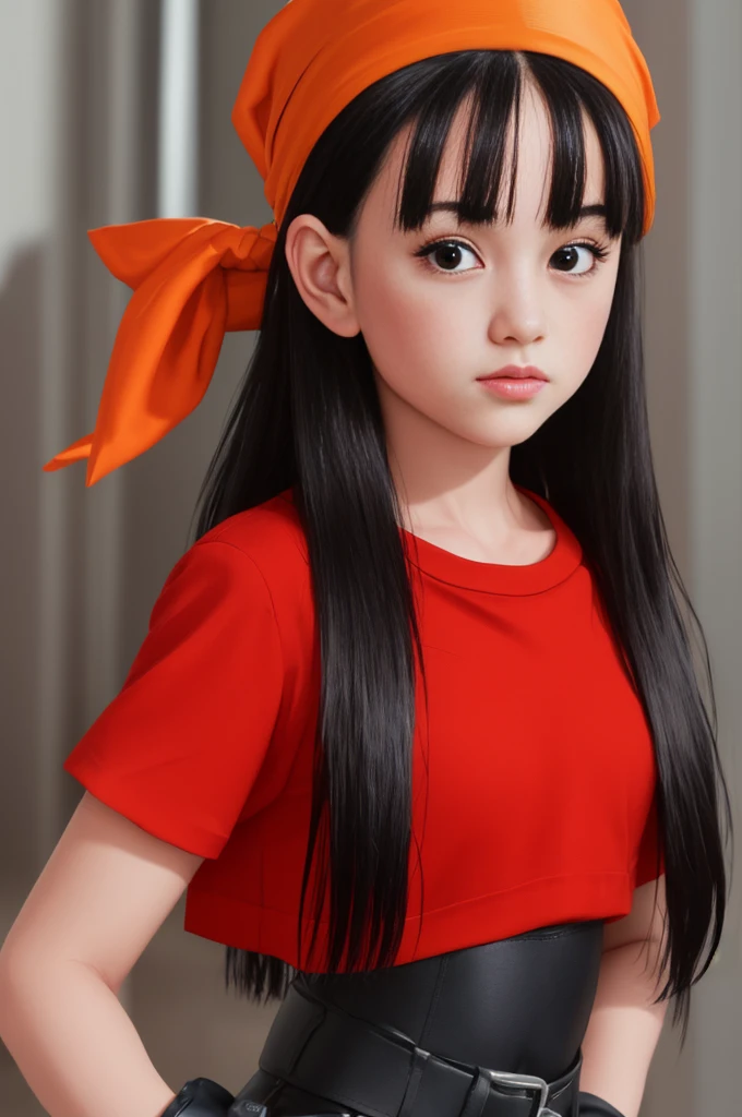 best quality, (masterpiece),(ultra-detailed), (high quality), (high resolution), 1girl, black hair, black eyes,  brapan,  gloves,  long hair, red shirt, solo,bandana, upper body,