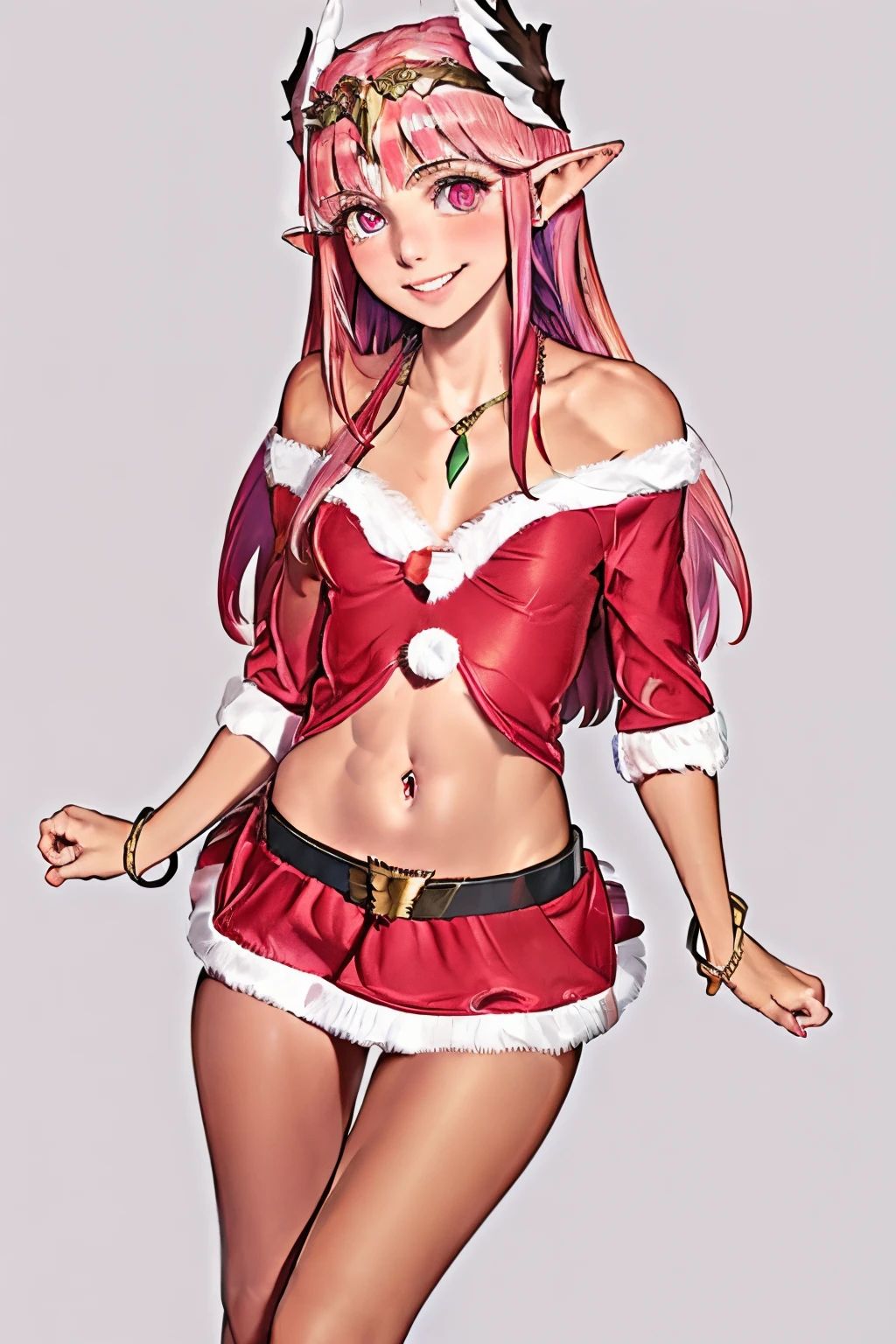 {Circe_FGO:1.15}, pointed_Ears, Pink_hair, Head_Wings, Wings, fringe, feathered_Wings, Long_hair, jewel, smile, small breasts, , blush, small_breasts, multicolored_eye, 1girl, bracelet, looking_at_viewer, , tiara,santa klaus costume, red santa claus hat, santa klaus outfits, christmas outfit, sey clothes, red christmas clothes, in the space, presents in background, best quality, master piece, Tall, alone,