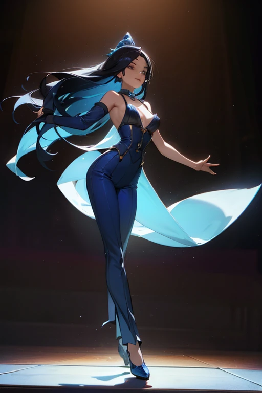 The model is adorned in a stunning ensemble of blue trousers complemented by a black suspender top, her enchanting long hair gracefully flowing. With poise and confidence, she strides across the stage, each step exuding elegance and rhythm, as if dancing to unseen notes. Illuminated by the lights, she emanates an awe-inspiring charm, effortlessly embodying a fusion of style and grace.