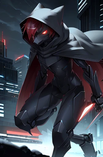 girl, night, snowy city, slender, red hair, special forces, stealth body suit, red highlights, poncho, bladed gauntlet, hood, mechanical digitigrade legs, serious expression, red glowing eyes, furry tail,