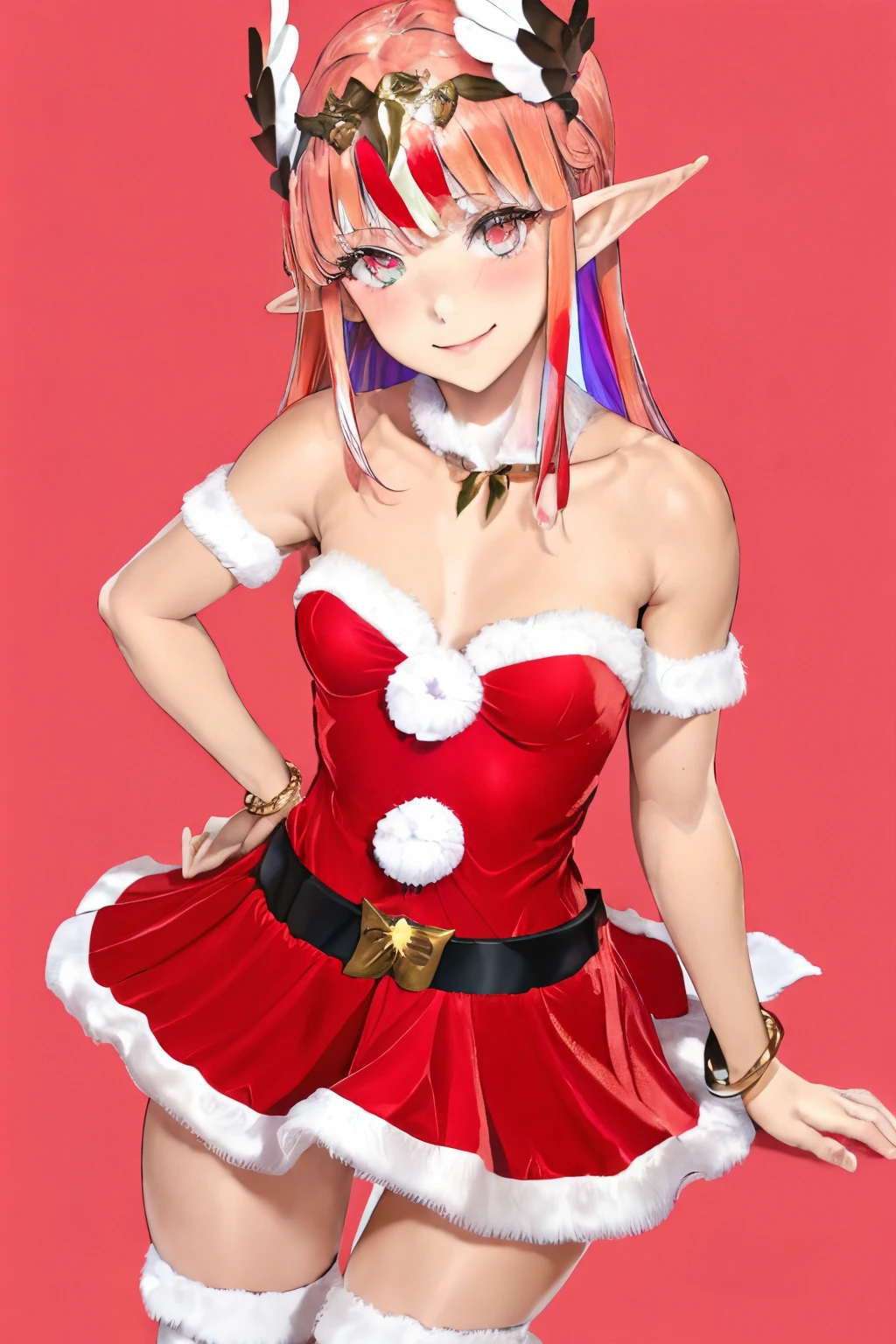 {Circe_FGO:1.15}, pointed_Ears, Pink_hair, Head_Wings, Wings, fringe, feathered_Wings, Long_hair, jewel, smile, small breasts, , blush, small_breasts, multicolored_eye, 1girl, bracelet, looking_at_viewer, , tiara,santa klaus costume, red santa claus hat, santa klaus outfits, christmas outfit, sey clothes, red christmas clothes, in the space, presents in background, best quality, master piece, Tall, alone,