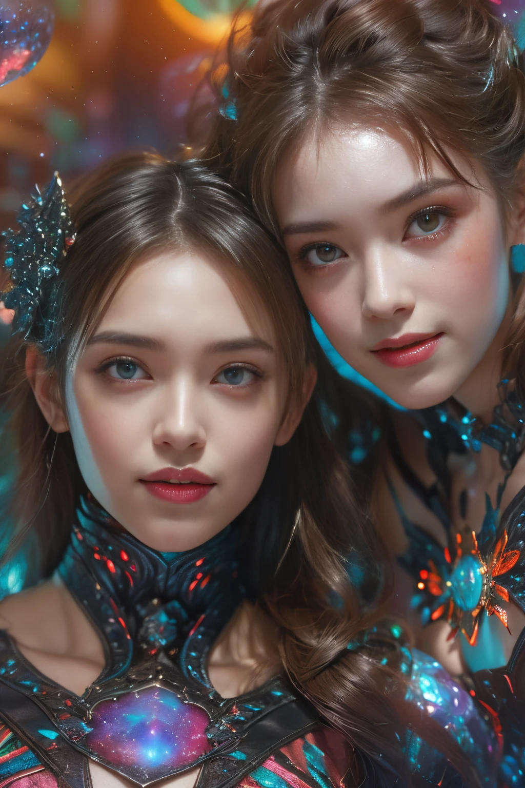 (Two beautiful teenage italian girls:1.6), Close friends, (They are hugging each other:1.2), Kiss her cheek or chest,(Detailed iridescent bodysuit with beautiful fractal or marble design:1.5), Incredible and spectacular scenes, ((High quality)), ((Detailed)), ((Fantasy)), Blue Plasma Brain, Green Plasma Body, Showing her armpits, beutiful breast, obscenity, (Lewd smile:1.2), coarse, Obscene, (Immoral:1.2), Lachish, (small breasts with beautiful raised pink areolas,,:1.5), (Cameltoe), (Expression of ecstasy:1.2), Photorealistic, Official art, Unity 8K Wall , 8K Portrait, Best Quality, Very high resolution, (Incredibly beautiful nature background:1.6), (18 years old:1.5), (Sexy and glamorous:1.1), (A coquettish expression:1.6), (seductively smiling:1.6), (erotic posing:1.9), (Model Posing:1.8), Beautiful seductive face, Portrait, (Thick eyebrows:1.4), (Big scarlet eyes:1.6), Beautiful eyes with fine symmetry, (Ultra detailed eyes:1.4),(Highly detailed face and eyes:1.7), (High-resolution red-eye:1.8), Intimate face, (ultra detailed skin texture:1.4), White skin, pale skin, Perfect Anatomy, Thin, (Beautiful toned body:1.5), Highly detailed hair, (Moist skin:1.2), No makeup, (dark circles:1.1), Good anatomy, Focus Face, good-looking, (Emilia Clark:0.6) (Emma watson:0.3),(Jennifer Connelly:0.4), Elegant face, Nice, (A delicately crafted necklace is wrapped around her neck..), (Bioluminescence with brilliant brilliance:1.4), (Luminous magic circle:1.5), Ruins of an ancient castle, Shining majestic cloud masses and sky, lightning bolt, Epic Realistic, (Greg Rutkowski:0.8), (teal and orange:0.4), (Art Station:1.5), Cinematic, (NSFW:1.2), Hyper Detailed, Dramatic light, (Intricate details:1.1), Beautiful black hair, (Wearing a gauntlet with a dense and very beautiful design decorated with jewels:1.1), Small chest, Galaxy, (nebulas:1.6), The Dark Knight, Fully armored body focus
