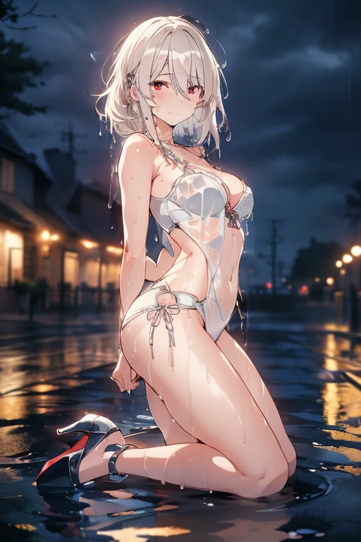 1girls, arms behind back, rain, seductive, (4K,realistic,highres,absurdres,masterpiece:1.2),((cinematic lumination)),deep depth of field,charming face,bloom,medium breasts,(smiling:0.6),young female, looking at the viewer, white skin, ((slim, skinny)), ((wet skin, sweat)), high heels, red eyes,Kneeling