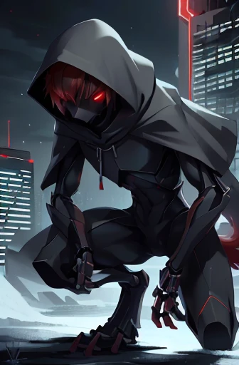 girl, night, snowy city, slender, red hair, special forces, stealth body suit, red highlights, poncho, fur lined gloves, hood, mechanical digitigrade legs, serious expression, red glowing eyes, furry tail, protruding rib bones