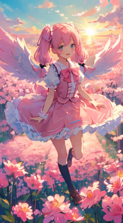 top-quality,masterpiece,wingspan,pluma,pink twintails,cute girl ribbon,Fluffy skirt,Ren Hao,天空,magical ,field of pink flowers,optic,sano,jumpping,full body photographed