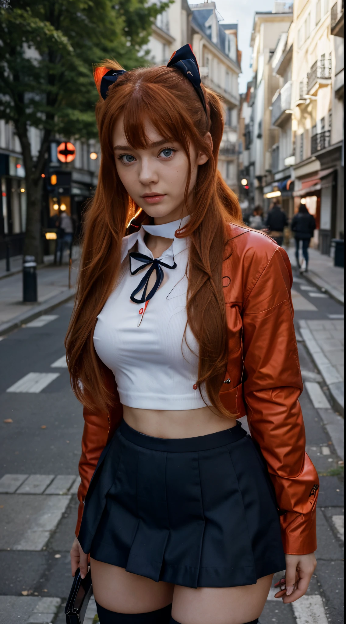 (best quality), high resolution,Asuka Langley Soryu, Beautiful Pretty Mixed German Babe, (Beautiful face), sexy lips, Auburn Twin Tails Ginger Hairs, intense gaze, dark blue detailed beautiful eyes, combine realism and anime influence, (dynamic pose), street fashion photography, paris street, red jacket, ribbon hair, black skirt,