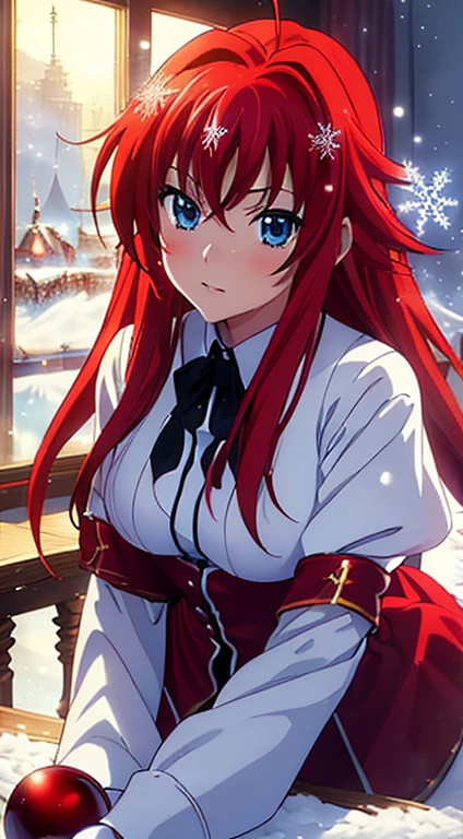 quality、image quality、masterpiece、rias gremory((Red Santa Claus Costume、Sixteen years old、 aging person、best bust、big bast,Beautiful light blue eyes open, A redhead、A slender one,Great Valley、Stain your cheeks red、Leaning forward、White breathing、Reflecting the whole body)),high high quality、beautiful art、Background with((dreamworld、 Burning city night、snowflakes falling、heavy snowy、yukito、 pylons)))、On the table、depth of fields,