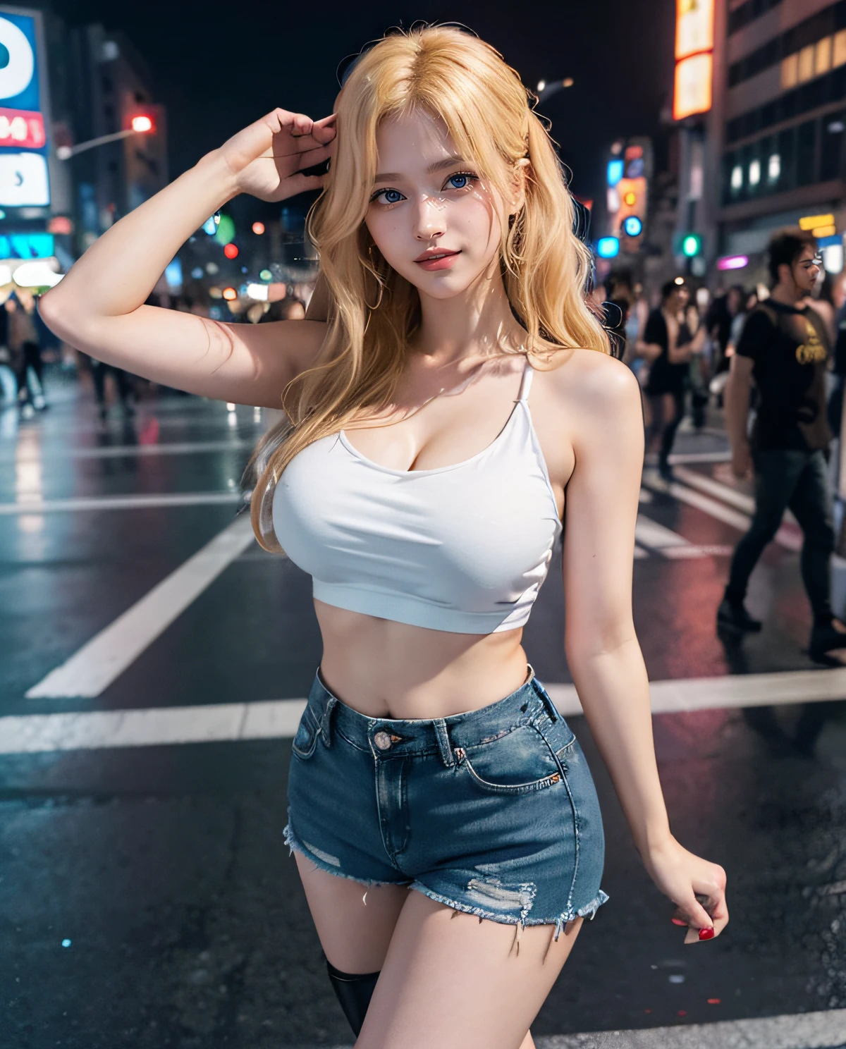 1girl, (ojos azules), (They are smiling), (En nombre de Minaj), caderas anchas, tetas grandes, grande, (La mejor calidad, 8k, Obra maestra: 1.3), Manos perfectas, Enfoque claro: 1.2, Belleza corporal perfecta: 1.4, abdominales delgados: 1.2, Highly Detailed Face and Skin Texture, ojos detallados, 双眼皮, (Cabello largo rubio), (Camiseta negra con escote), (pantalones cortos de mezclilla :1.1), (tacones altos :1.3), En pie, dynamic  pose, En el cruce de Shibuya en Tokio por la noche.