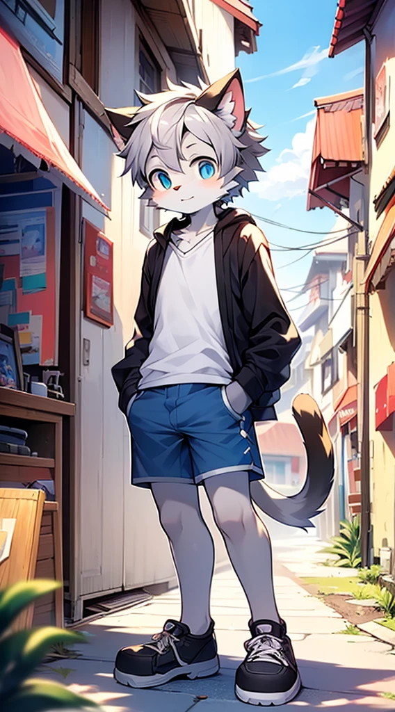 Bright eyes, panorama, character focus solo, furry, furry male cat, male gray fur, blue eyes, gray hair (long), wearing blue shorts and shorts, casual clothing, young style, height one meter seven, handsome, has a tail,