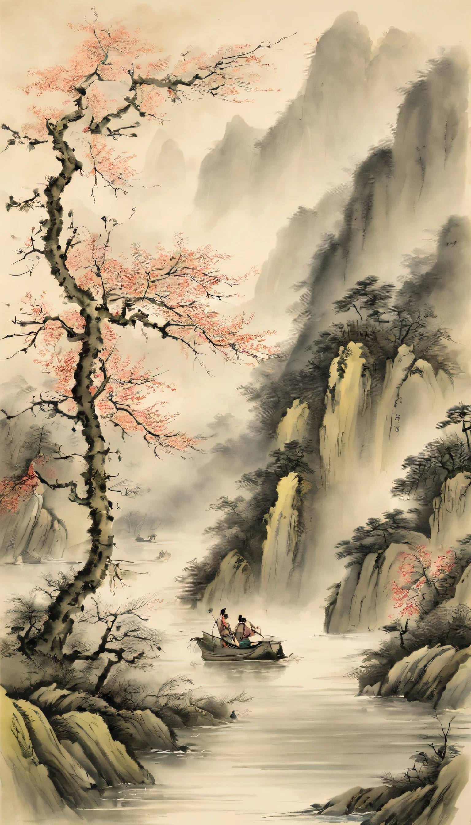 Chinese landscape painting，Ink painting and watercolor，water ink，ink，Dirty，Faraway view，Ultra-wide viewing angle，meticuloso，distant ship，Faraway view，meticuloso，Dirty，low-saturation，low-contrast，When old bamboo sets off a few peach blossoms ，A wild duck quacks: “The water is very good”,Asparagus and mugwort are showing their green buds,Then the pufferfish surfaced, At a critical moment.，Detailed pubic hair，Acura，artwork of a，tmasterpiece