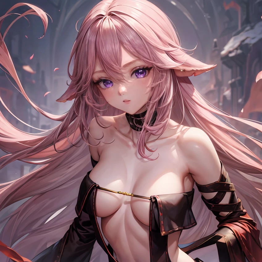 8K, Ultra High Definition, Super detailed, Shiny detailed hair, detailed face, fantasy landscape, solo, looking at viewer, {{best quality}}, {{masterpiece}}, {{ultra-detailed}}, {detailed light}, ultra high quality eyes, detailed eyes, perfect eyes, large eyes, purple eyes, pink hair, long hair, beautiful, skinny body, White skin, slutty, erotic, blushing, open mouth, standing in suggestive pose