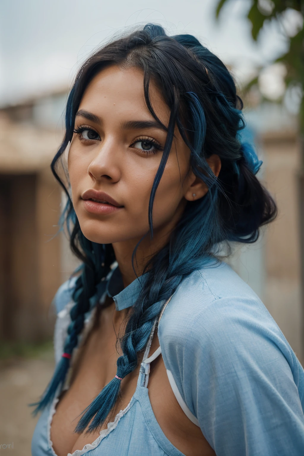 photorealistic, The best quality, hyper detailed, A close-up of a, portrait, Looking through a viewfinder, Head straight to the camera. Best shade, Beautiful sexy fitness latin girl from Venezuela, 21 years old, Young girl, blue eyes, Beautiful symmetrical face, blue hair, almond eye, full lips, hair, knotted back.