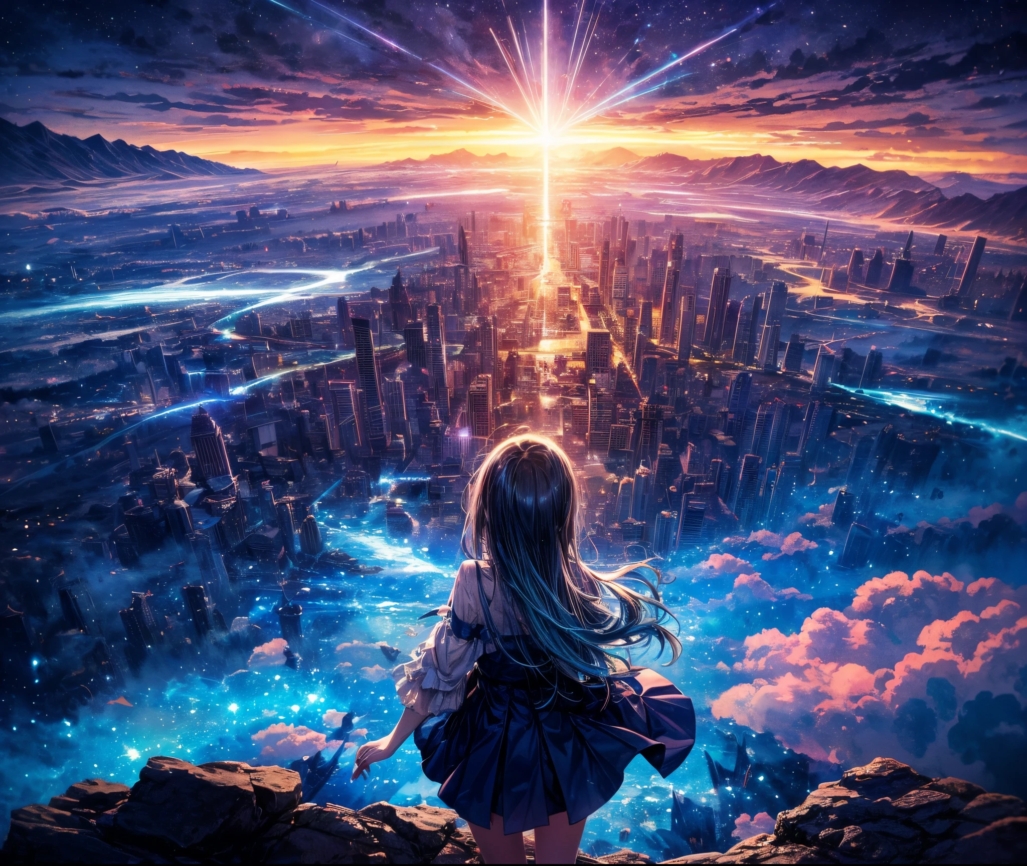 top-quality,masutepiece,1womanl,独奏,(abstract art:1.4),(Superb view:1.6),(A sparkling blue world:1.4),(psychedelic:1.4)There is a beautiful woman at the center of the world,A ray of light,prisma,Please wear'Please wear'please don't cry now,Please let me know as usual,Only the light sways quietly, A heart that has been repeated over and over again is as fragile as glass,love that won'doesn't happen'Sleep has nowhere to go,Something like fluff floating in space,When a hot impulse blows into my chest,The flow of time and the stopping of water,With a trembling feeling,i'i'i'm still in a dream,Classic blue tears overflow,If a miracle blows in this heart, I wish I could be honest like this,The feelings of a loved one are still alive.If a strong wind blows somewhere in this city,sad day々Colored by the beautiful sky,